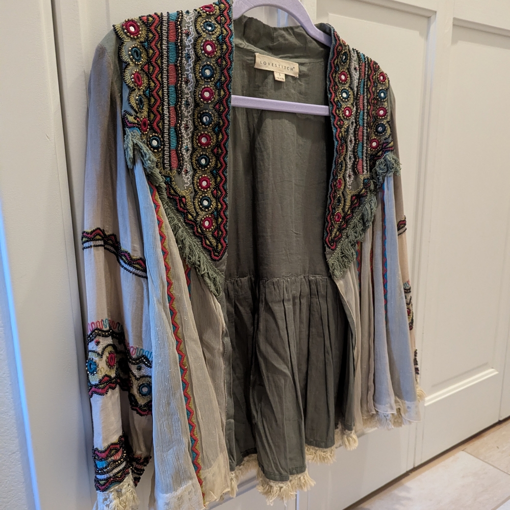 Anthropologie lovestitch Open Jacket Embroidered Beaded Fringe S
